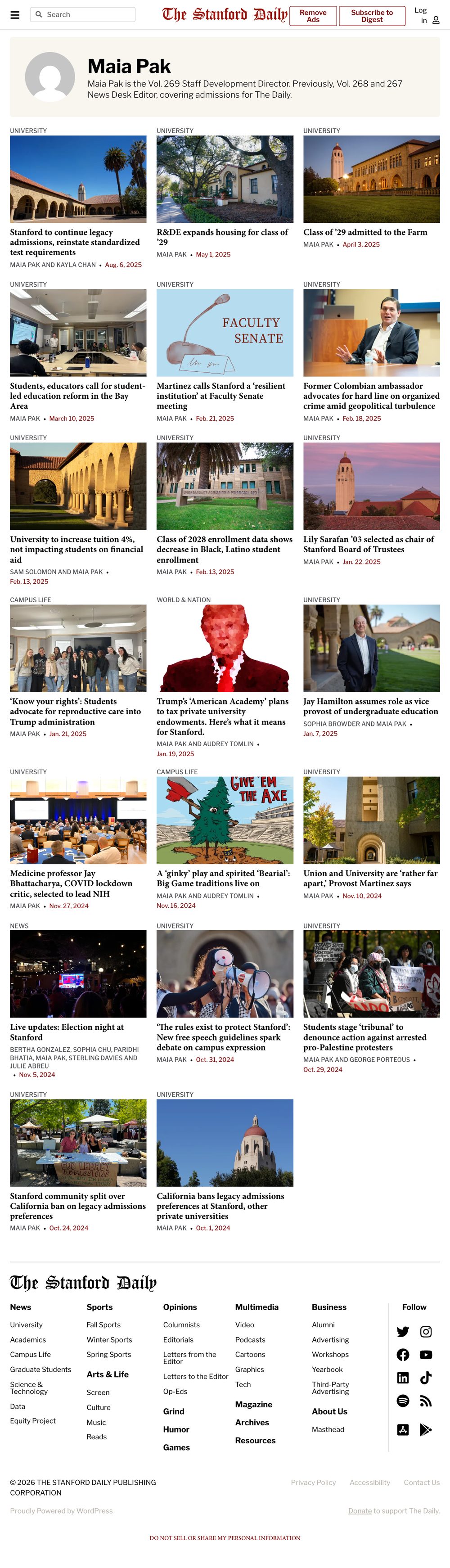 Maia Pak&rsquo;s author page on The Stanford Daily