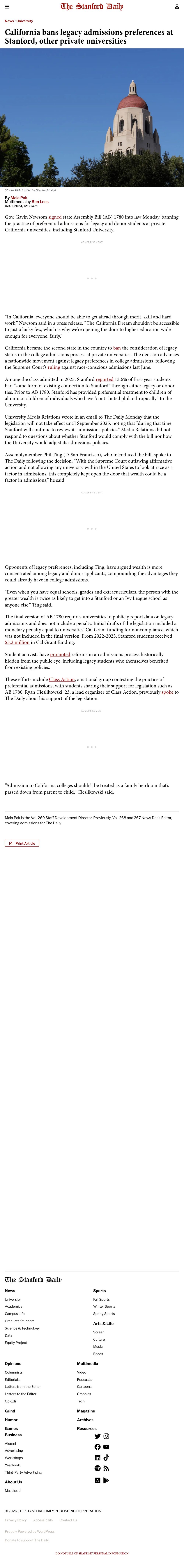 Stanford Daily article: California bans legacy admissions preferences at Stanford, other private universities
