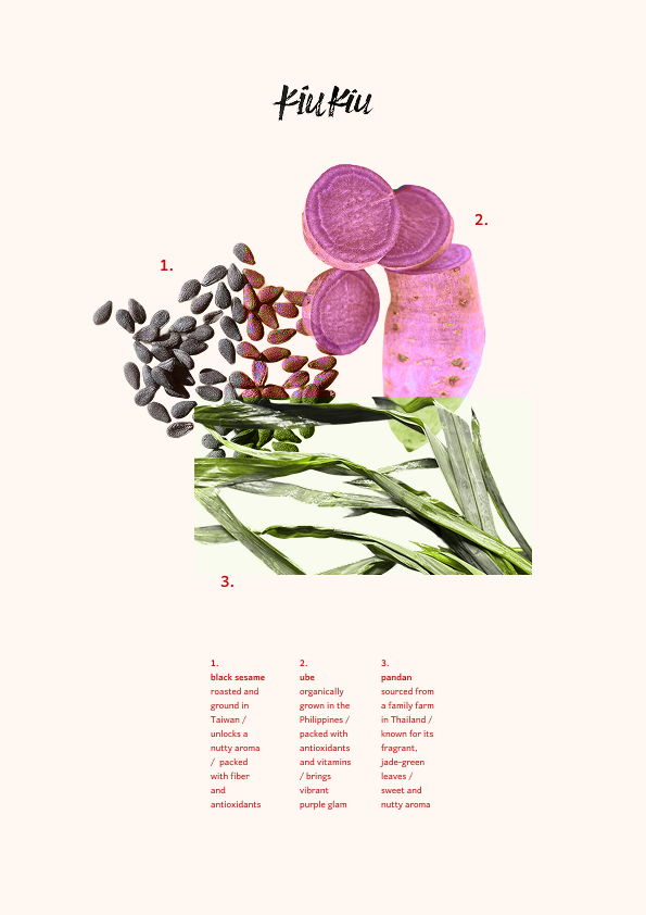 KiuKiu ingredients page: black sesame, ube, and pandan