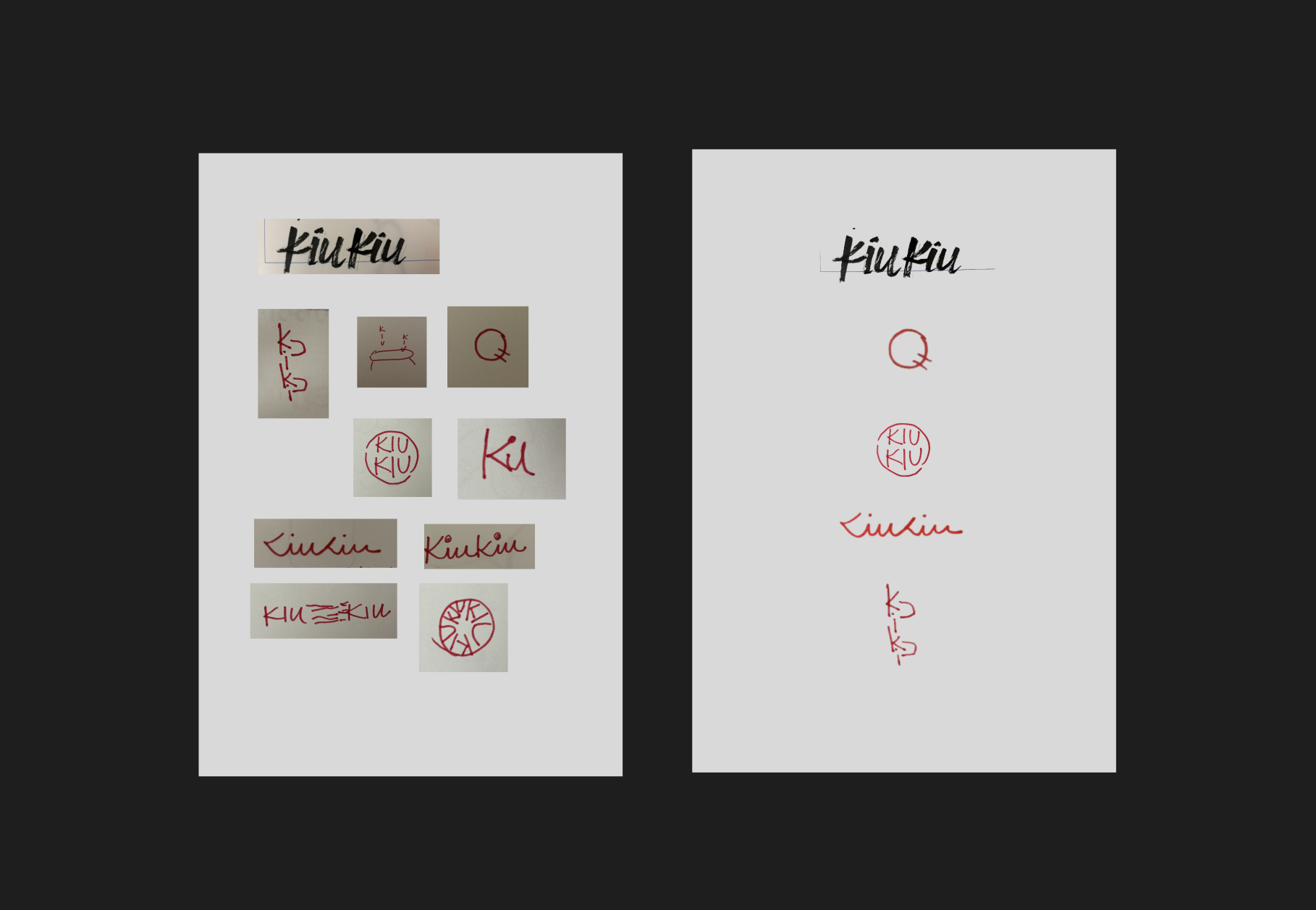 Hand-drawn KiuKiu logo sketches