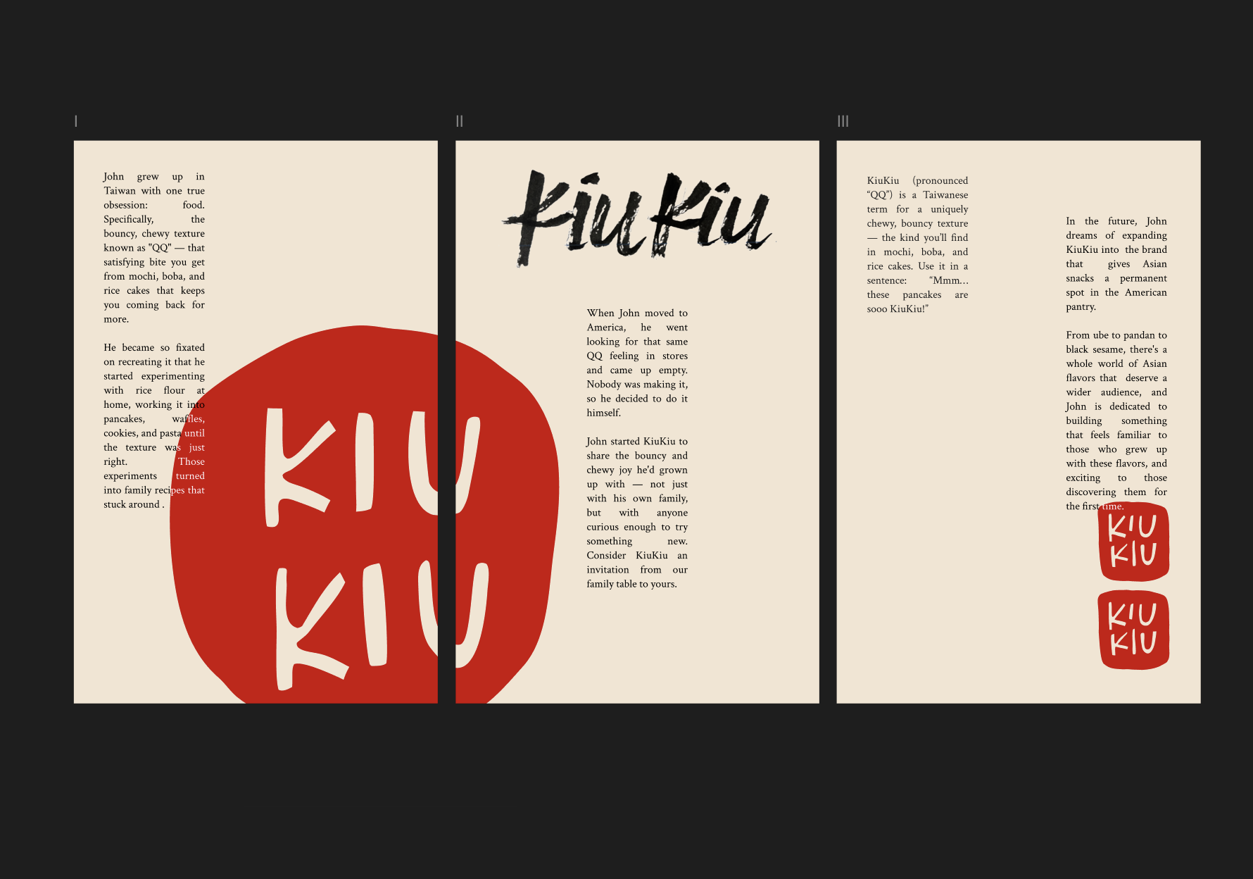 Three-panel KiuKiu brand story layout