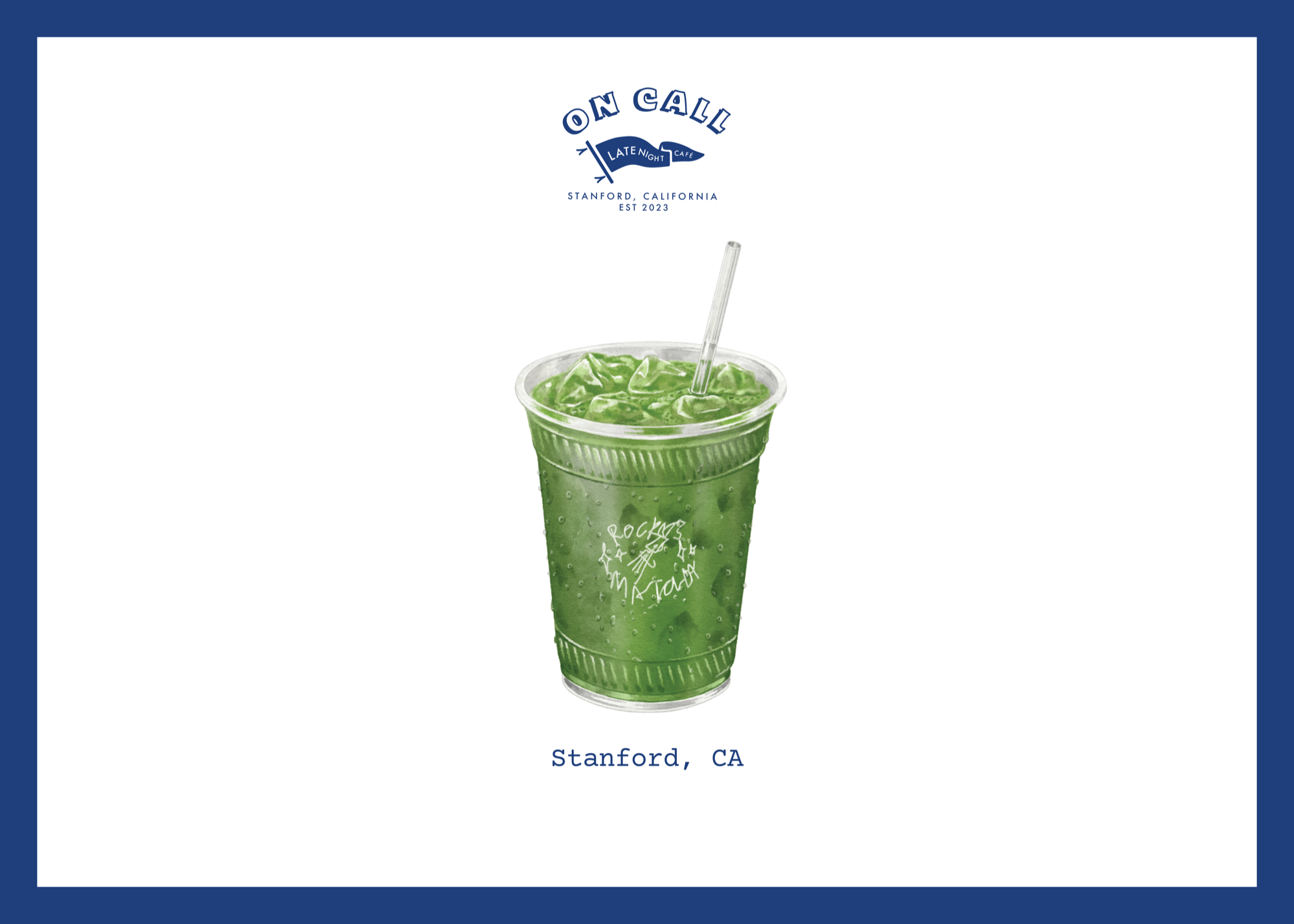 On Call x rocky's matcha postcard front with an iced matcha illustration
